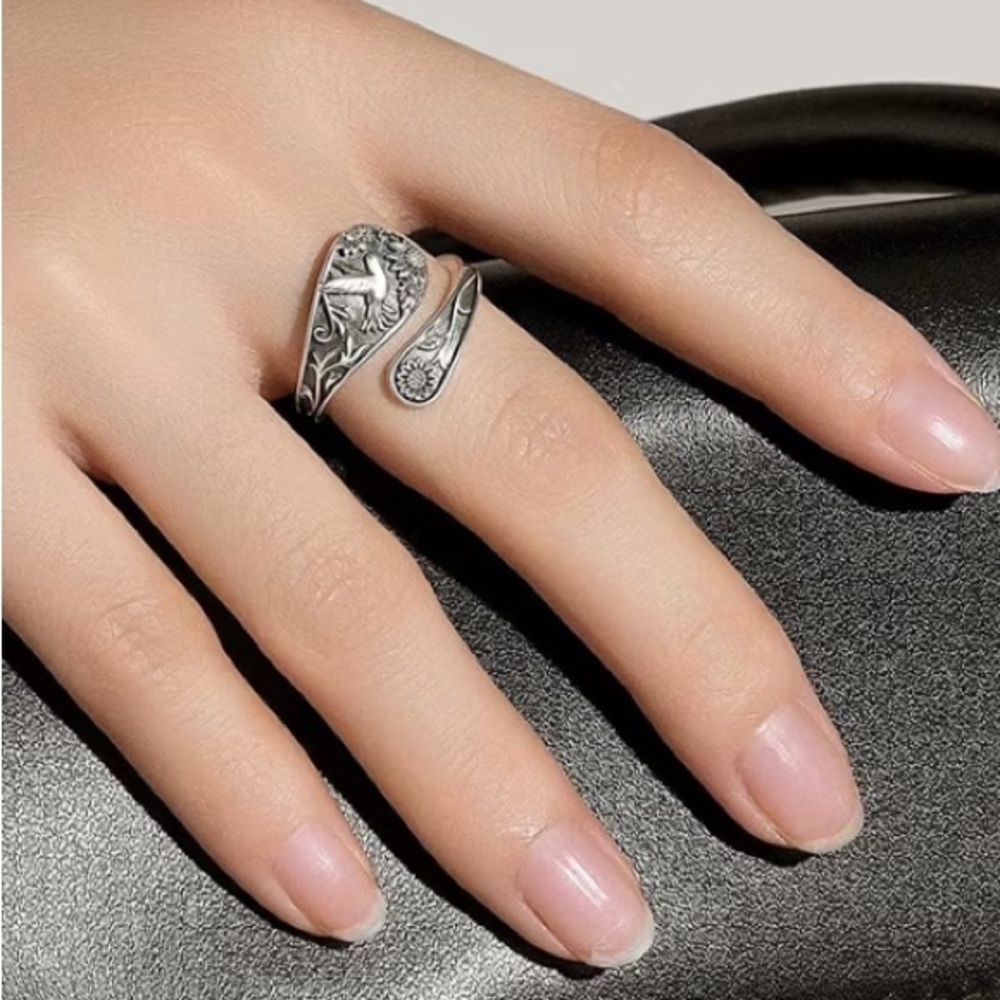Silver Hummingbird & Floral Wrap Ring